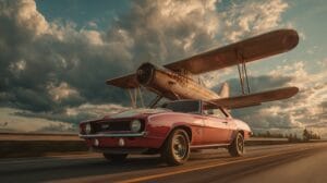 Vintage muscle car with biplane wings driving down a highway