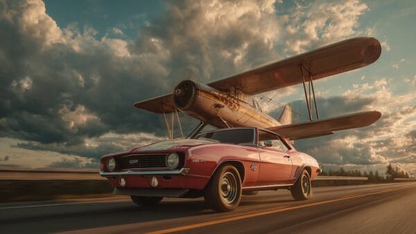 Vintage muscle car with biplane wings driving down a highway
