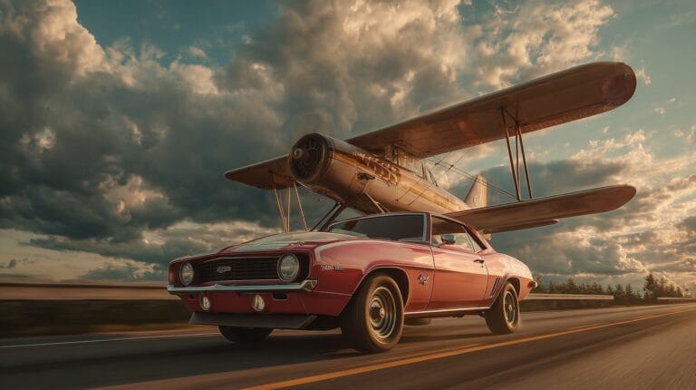 Vintage muscle car with biplane wings driving down a highway