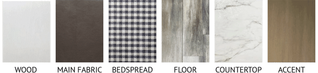 2026 Jayco Jay Flight SLX Country Linen interior design package showing wood, fabric, bedspread, floor, countertop, and accent color samples