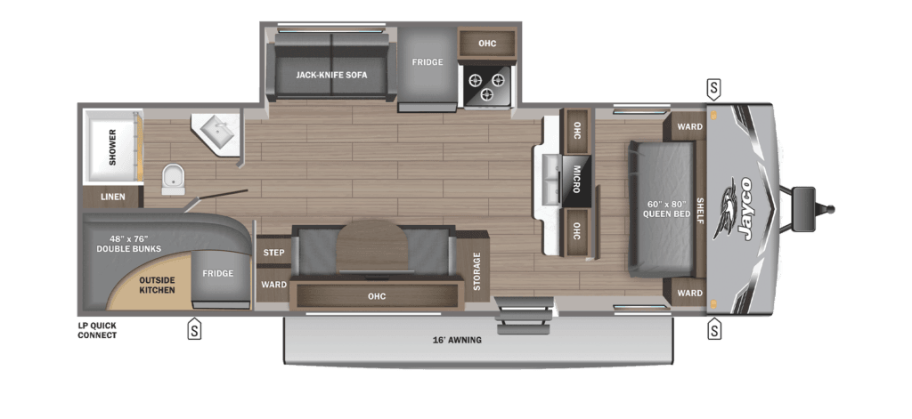 2026 Jayco Jay Flight SLX 265BHS floor plan showing queen bedroom, kitchen with slide out, dinette, double over double bunks, bathroom, and outdoor kitchen