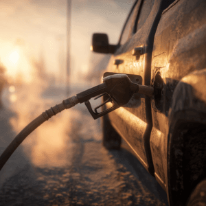 Summer vs winter diesel fuel differences shown as a truck fuels up on a cold winter morning