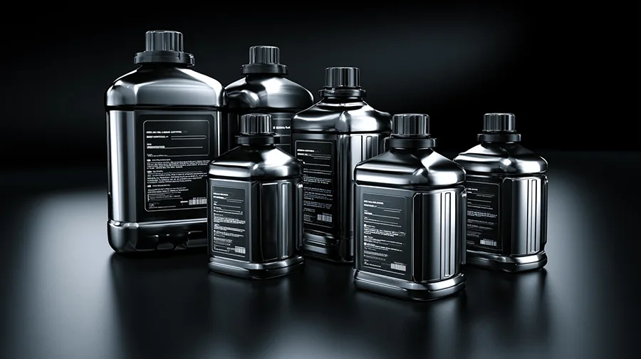 Several diesel fuel additive bottles arranged on a dark surface, representing the range of diesel fuel additives available for modern trucks
