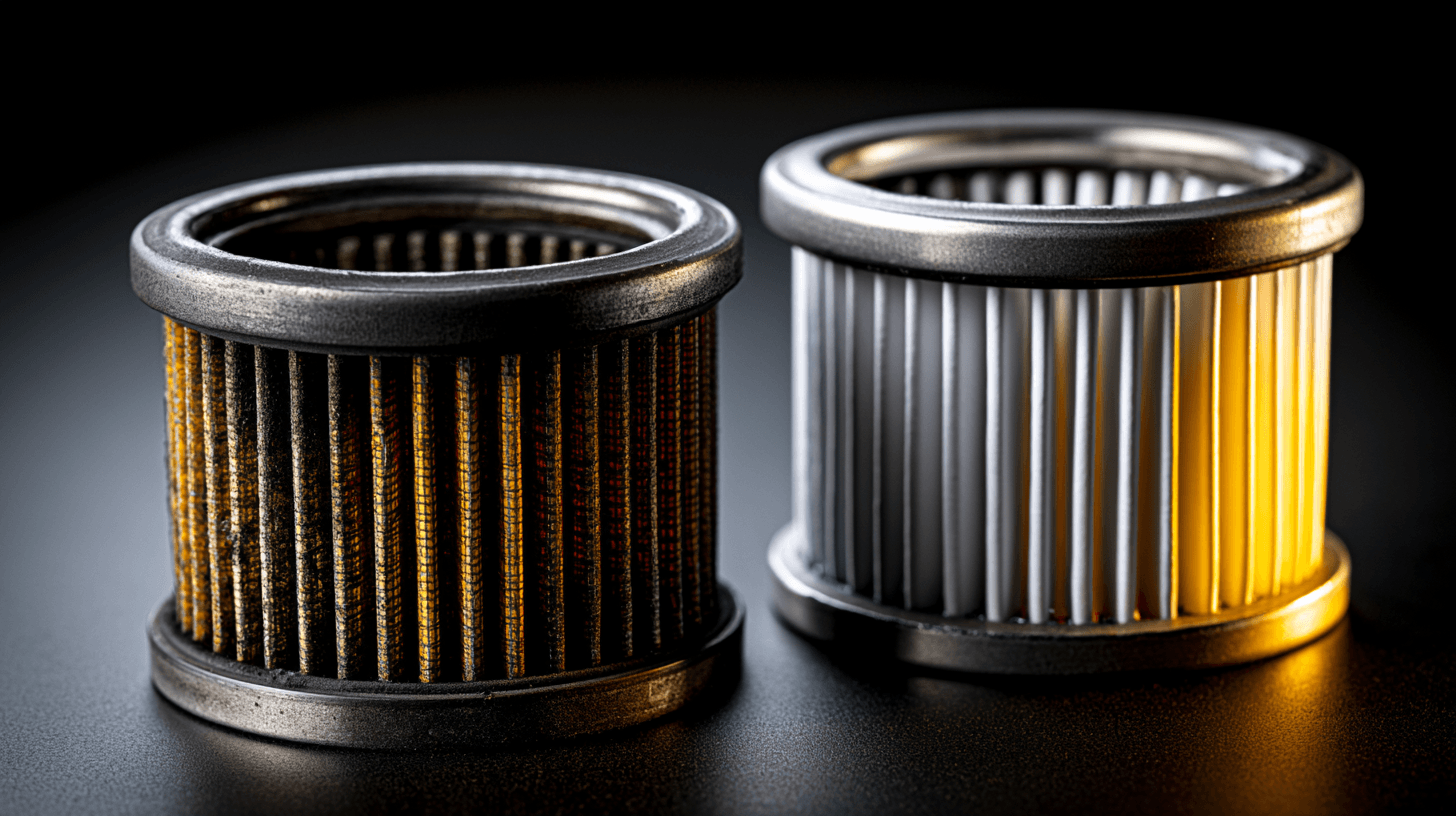 A dirty diesel fuel filter next to a clean new one showing the difference and why a diesel fuel filter change matters