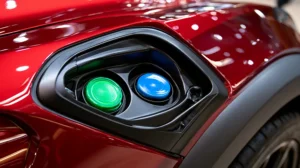 Open fuel door on a red diesel pickup truck showing the green diesel fuel cap and blue diesel exhaust fluid DEF cap side by side