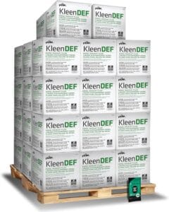 PEAK KleenDEF diesel exhaust fluid 2.5 gallon jugs stacked on a pallet