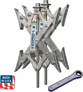 BAL X-Chock wheel stabilizer and ratcheting wrench on white background