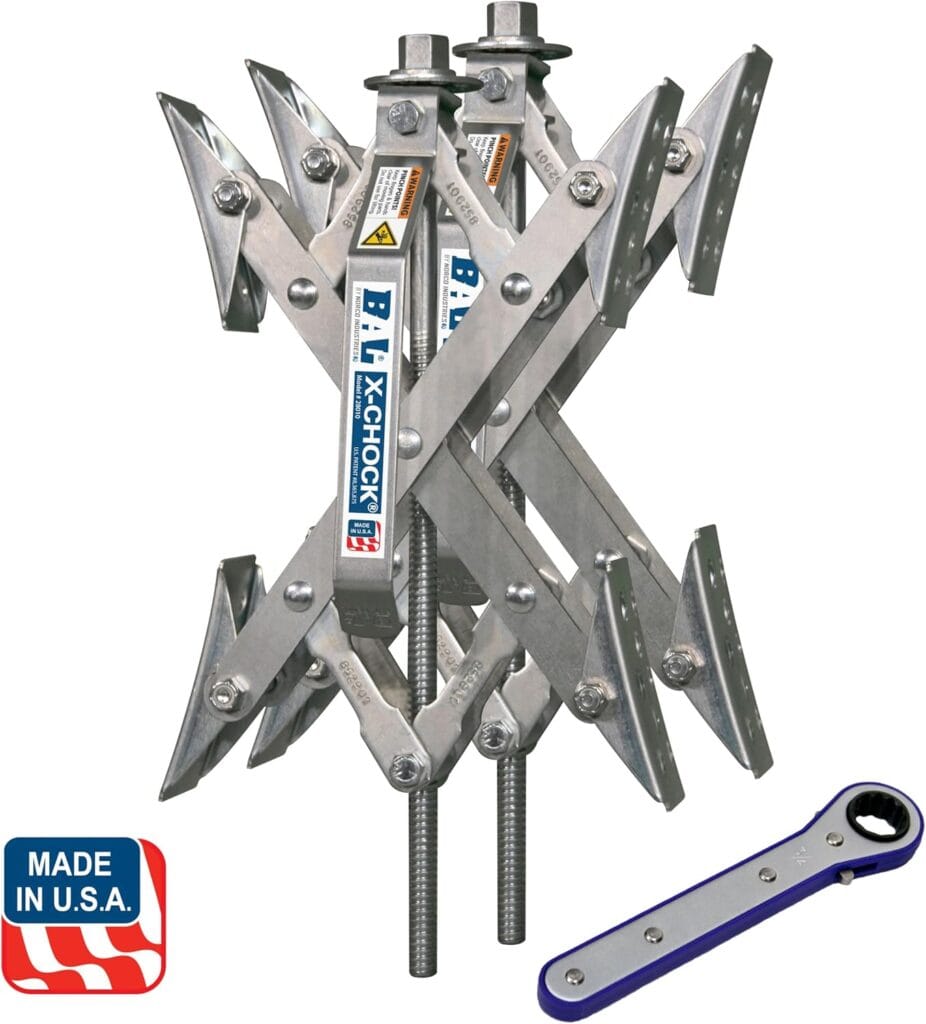 BAL X-Chock wheel stabilizer and ratcheting wrench on white background